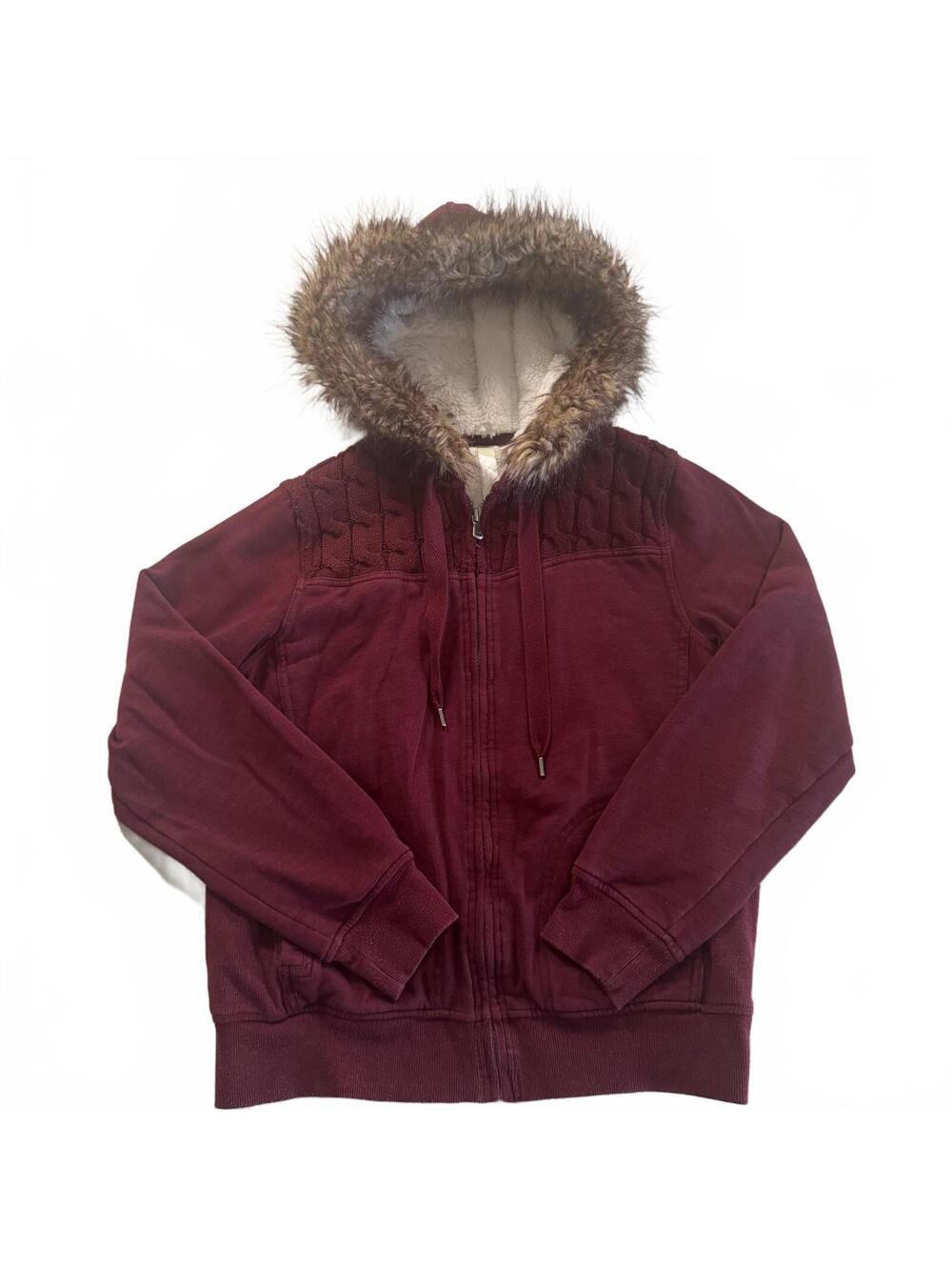 Indie Sleaze Knit Hoodie Medium M Burgundy Faux Fur Grunge Trim Jacket Vtg Y2K